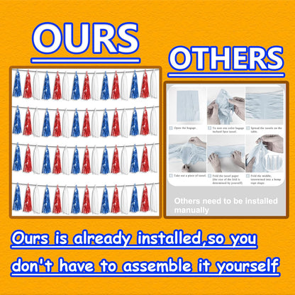 4P Red Blue White Foil Fringe Metallic Tassel Streamers Banner Tassel Garland for Parade Floats, Graduation, Wedding, Birthday, Halloween, Christmas, Independence Day, 4th of July, Party Decorations