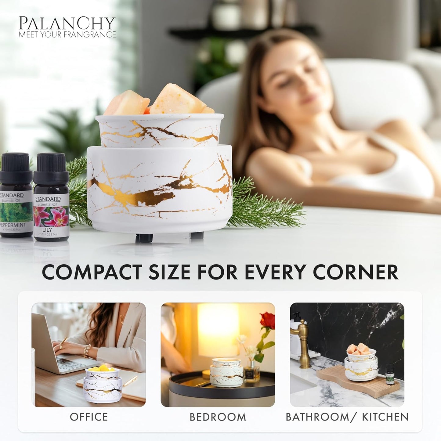 PALANCHY Wax Melt Warmer Ceramic 3-in-1 Oil Burner Electric Candle Wax Warmer Burner Melter Fragrance Warmer for Scented Waxs Home Office Bedroom Aromatherapy Gift & Decor