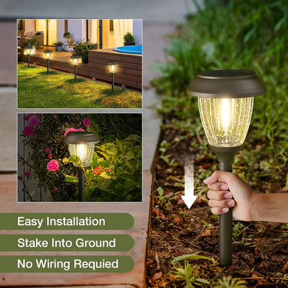 XMCOSY+ Solar Lights Outdoor 10/25 LM LED with 2 Lighting Modes, Solar Garden Lights Glass and Metal, IP65 Waterproof Solar Powered for Yard Pathway Walkway Driveway Patio (6 Pack, Warm White)