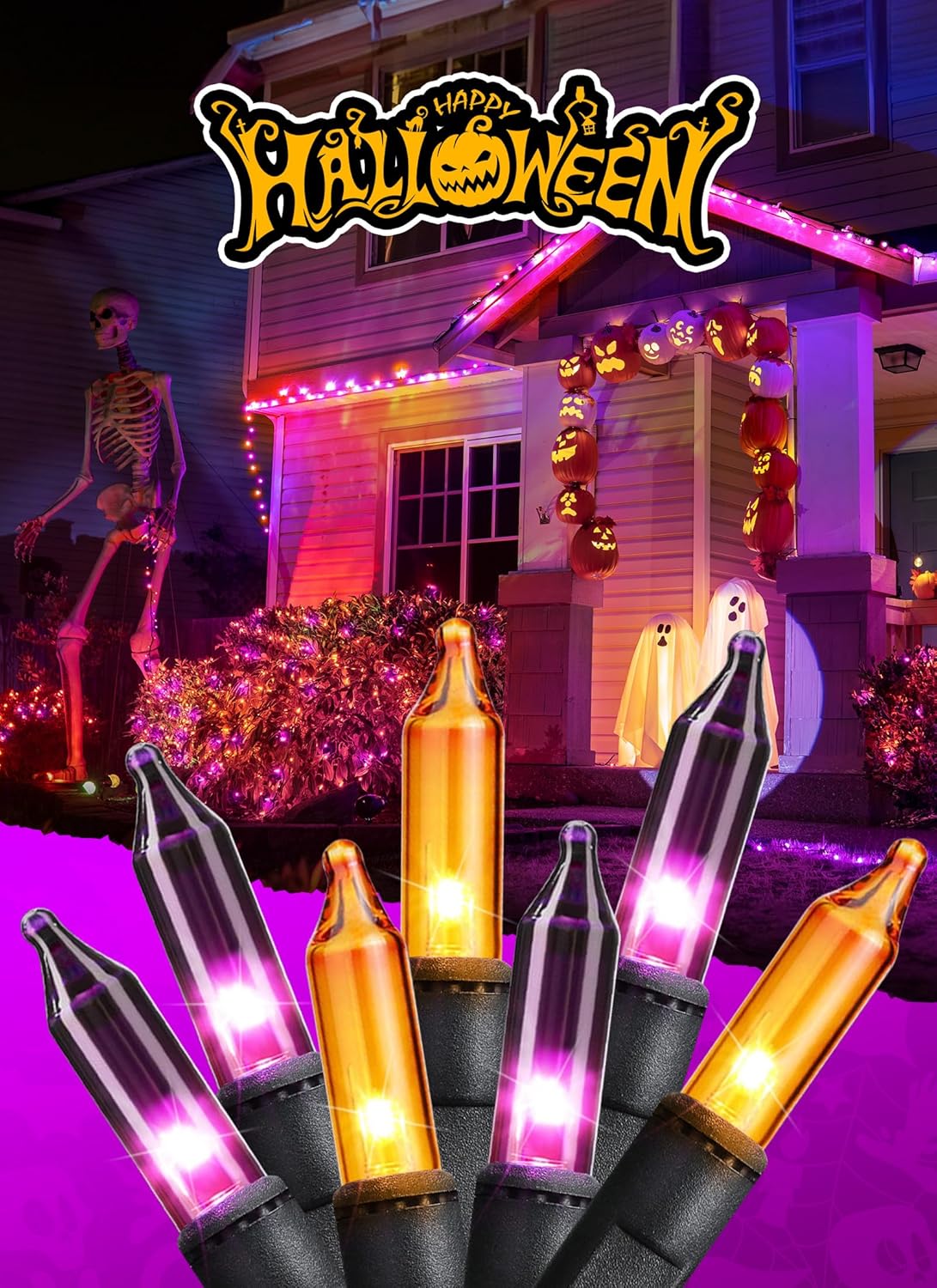 Minetom Halloween String Lights Orange & Purple 100 Count 25 Feet Incandescent Bulb Mini Lights for Indoor Outdoor Garland Party Festival Haunted House Decoration