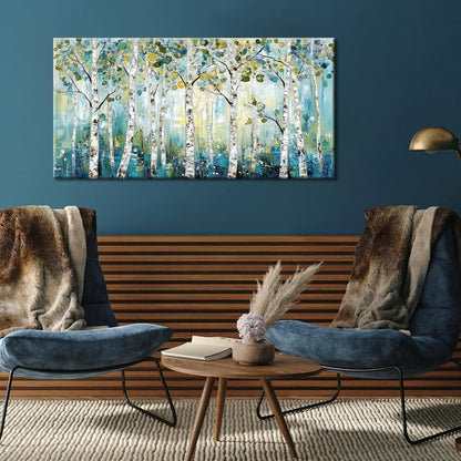 LASMOND Abstract Teal Grove Canvas Paintings Prints Modern Tree Wood Artwork Decor Wall Art for Living Room Bedroom Offices (40x20 Inches)