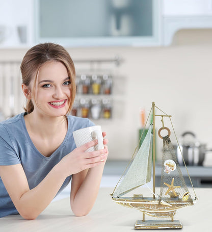 Puzzled Baja Haven Sailboat Decor - Handmade Beach Themed Wooden Boat Home Decor for Living Room Shelves, Tabletop, Desk, Cute Nautical Party Decorations - 14.5 Inches