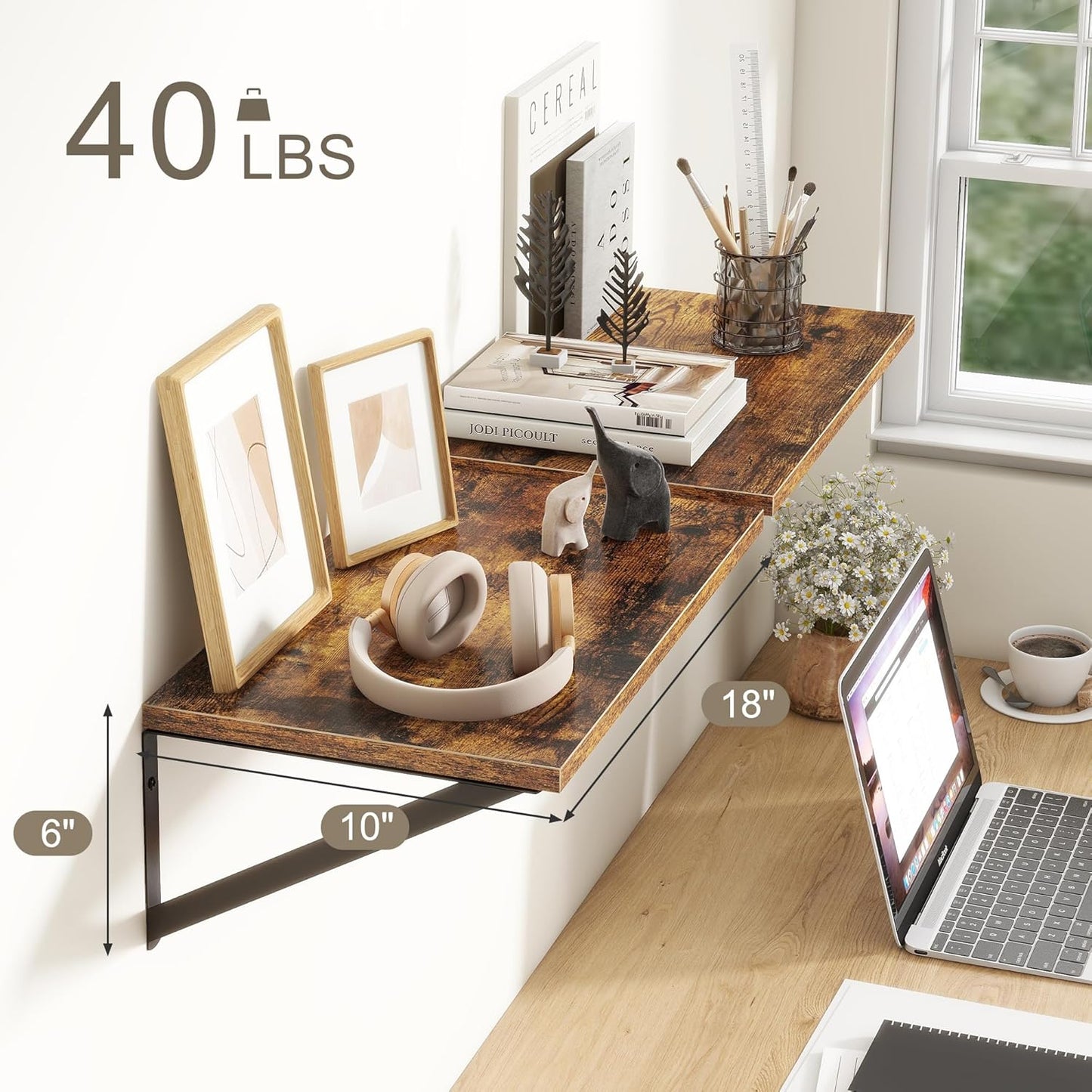 18"W x10"D Floating Shelves, Farmhouse Wall Shelves Home Decor Shelf, Deep Bathroom Shelves with Bracket, 10 Inch Deep Wall Shelf for Living Room, Kitchen, Bedroom, Rustic Brown, Set of 2