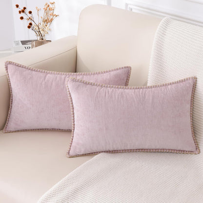 decorUhome Chenille Soft Throw Pillow Covers 12x20 Set of 2, Lumbar Velvet Farmhouse Neutral Decorative Euro Pillow Covers with Stitched Edge for Couch Sofa Bed Home Decor, Blush Pink