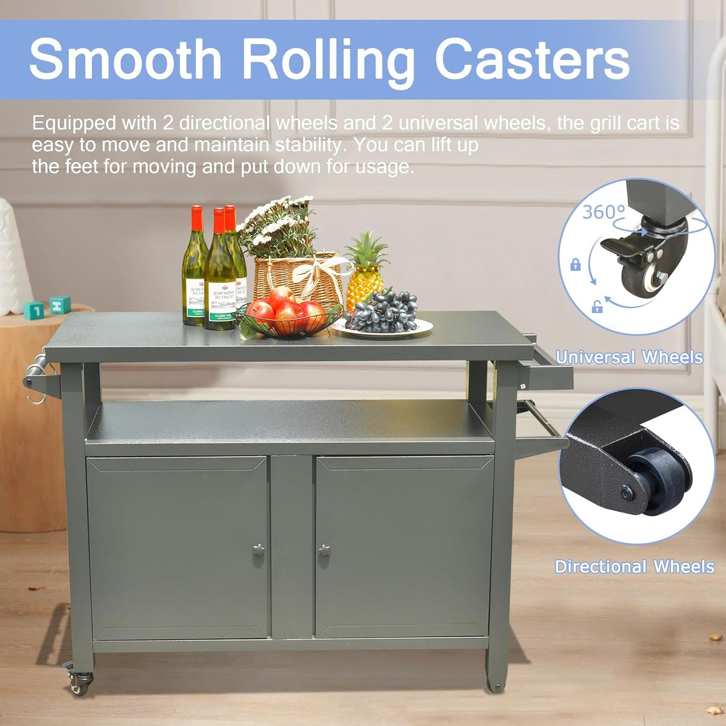 Domi Grill Carts Outdoor Storage Cabinet with Wheels, Metal Outdoor Grill Cart Kitchen Dining Table Cooking Prep BBQ Table for Patio, Kitchen Island, Home Party, Bar (Grey)