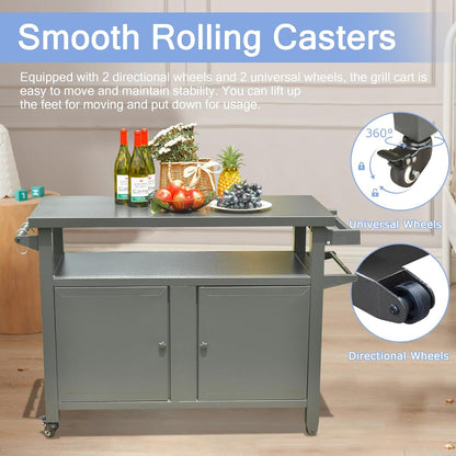 Domi Grill Carts Outdoor Storage Cabinet with Wheels, Metal Outdoor Grill Cart Kitchen Dining Table Cooking Prep BBQ Table for Patio, Kitchen Island, Home Party, Bar (Grey)