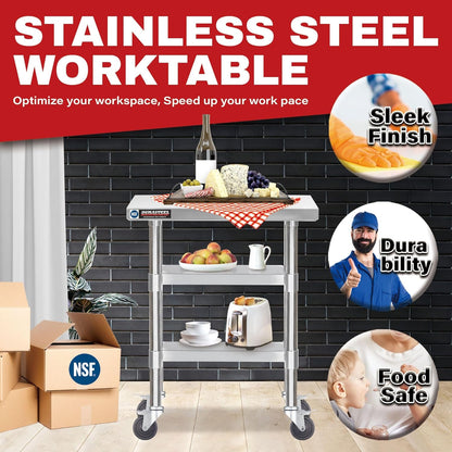 DuraSteel Stainless Steel Work Table 30" x 12" x 34" Height w/ 4 Caster Wheels - Food Prep Commercial Grade Worktable - NSF Certified - Good for Restaurant, Business, Warehouse, Home, Kitchen, Garage