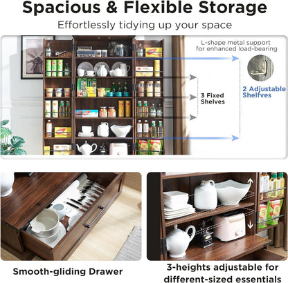 72‘’ Farmhouse Kitchen Pantry Cabinet with Drawer, Tall Storage Cabinet with 2 Barn Doors and Shelves, Versatile Large Rustic for Dining Room, Bathroom, Living Room, Laudry, Brown