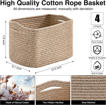 Small Storage Baskets for Shelves Organizing, Woven Cotton Rope Baskets for Storage, Book Basket, Decorative Shelf Basket, 12.5"Lx9.1''Wx7.9''H (4 Packs) Brown
