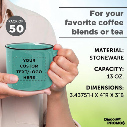 DISCOUNT PROMOS Custom Ceramic Campfire Coffee Mugs 13 oz. Set of 50, Personalized Bulk Pack - Perfect for Tea, Espresso, Cappuccino, Hot Cocoa - Mint
