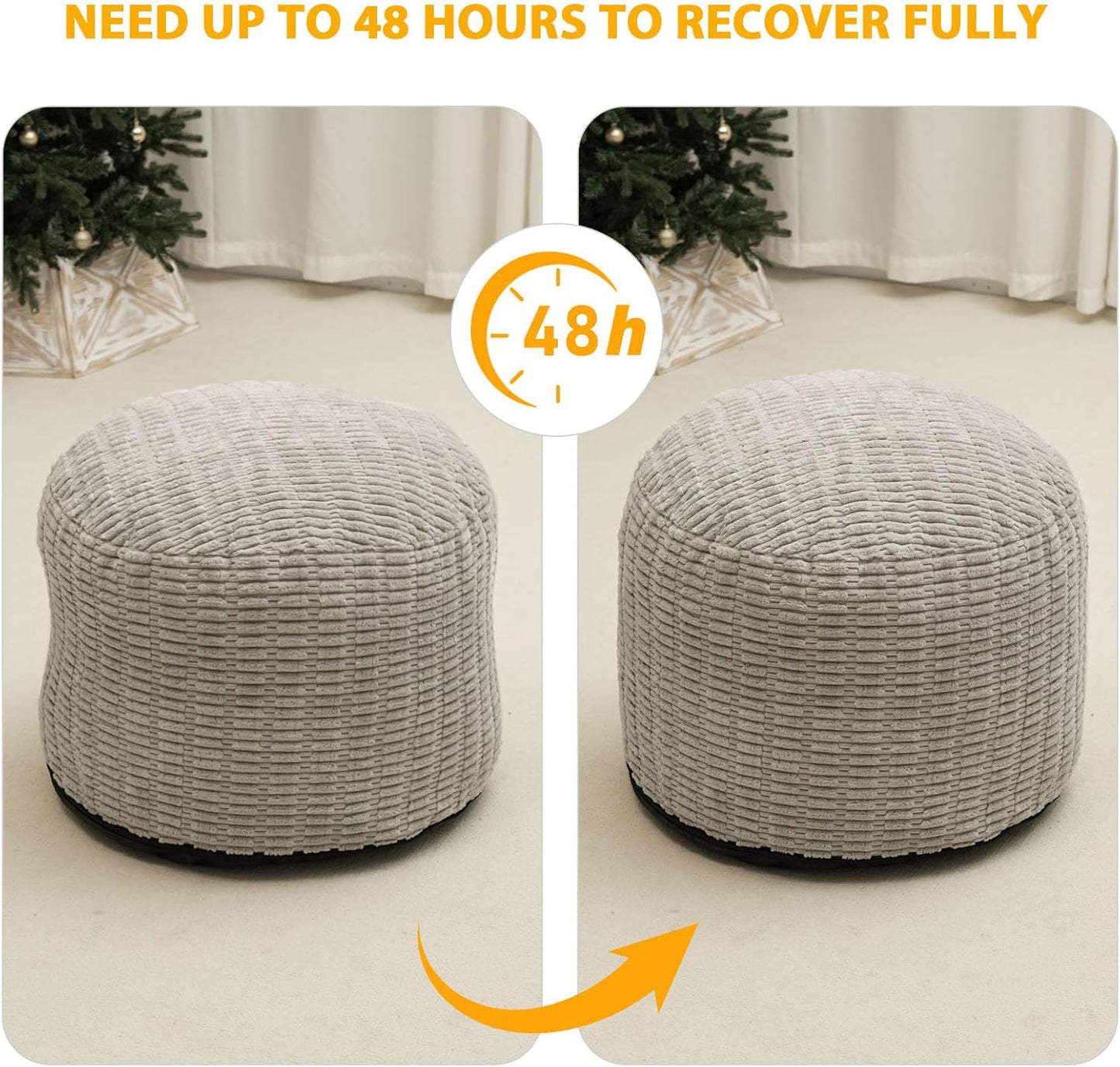 Round Stuffed Pouf Ottoman for Foot Rest, Storage Ottoman Pouf Foot Stool Cushion, Faux Fur Poufs with Foam Chunk Filling, 26 X 18 Inch Floor Chair for Living Room Bedroom Home Decor, Light Gray