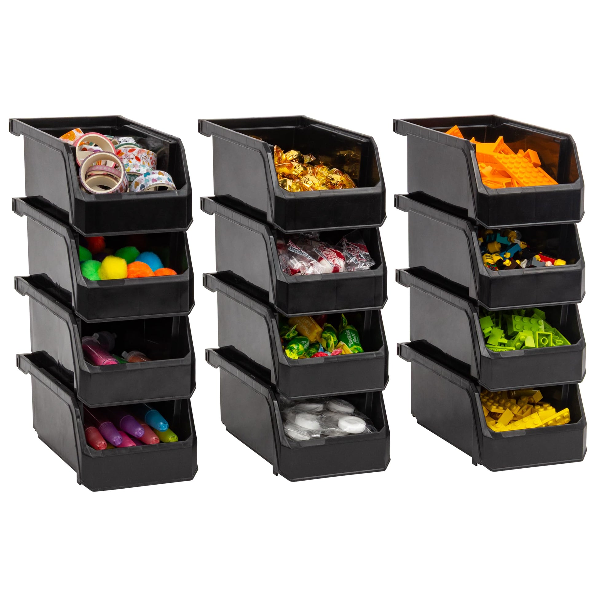 ReadySpace Small Stackable Plastic Storage Bins, 12-Pack, Black