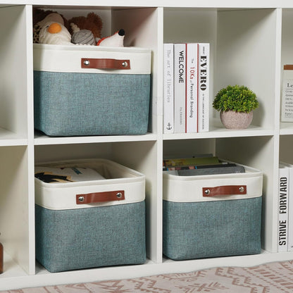 DULLEMELO Storage Baskets for Organizing,Rectangular Fabric Storage Bins with Handles for Office,Bedroom(3-Pack -15 inch X 11 inch X 9.5 inch, White&Dark Green)