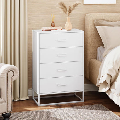 WLIVE White Wood Dresser for Bedroom with 4 Drawers, Tall Chest of Drawers with Sturdy Metal Frame for Living Room, Hallway, Closet