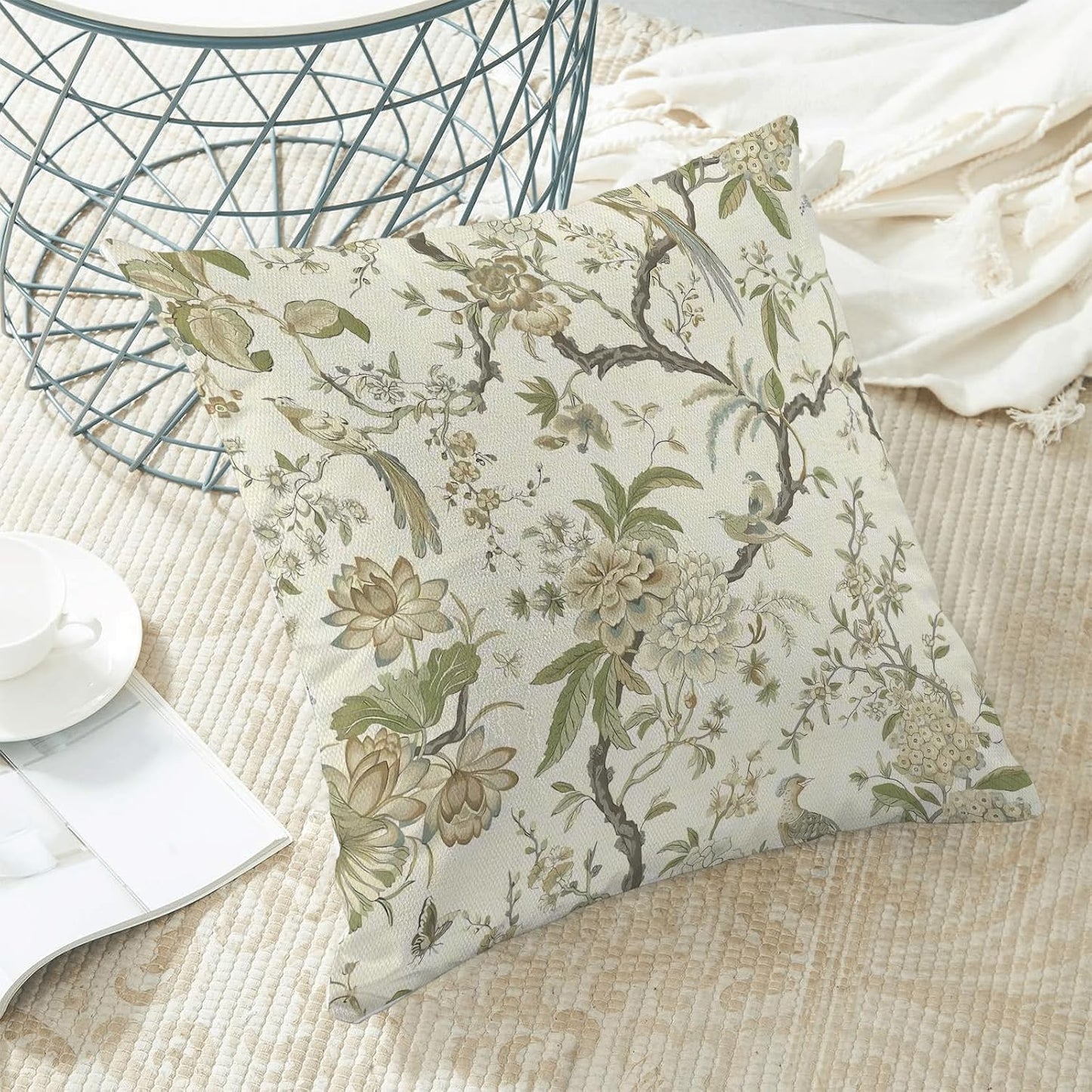 CXMEIFLY Spring Floral Birds Pillow Covers 24 x 24 Inch Set of 2 for Chinoiserie Flowers Decor Throw Pillows Sage Green Plant Outdoor Decorative Cushion Cases for Couch Bed Decorations