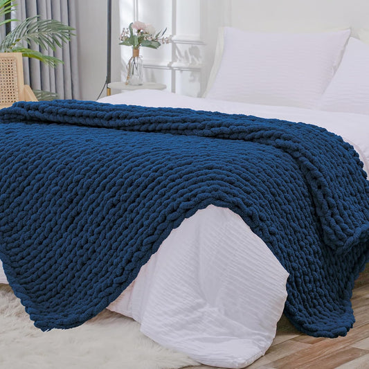 Bigacogo Chunky Knit Throw Blanket for Couch, 80x90 inches, 100% Hand Knitted with Thick Jumbo Chenille Yarn, Cozy Soft Large Rope Knot Cable Crochet Blankets for Sofa Bed Living Room, Navy Blue