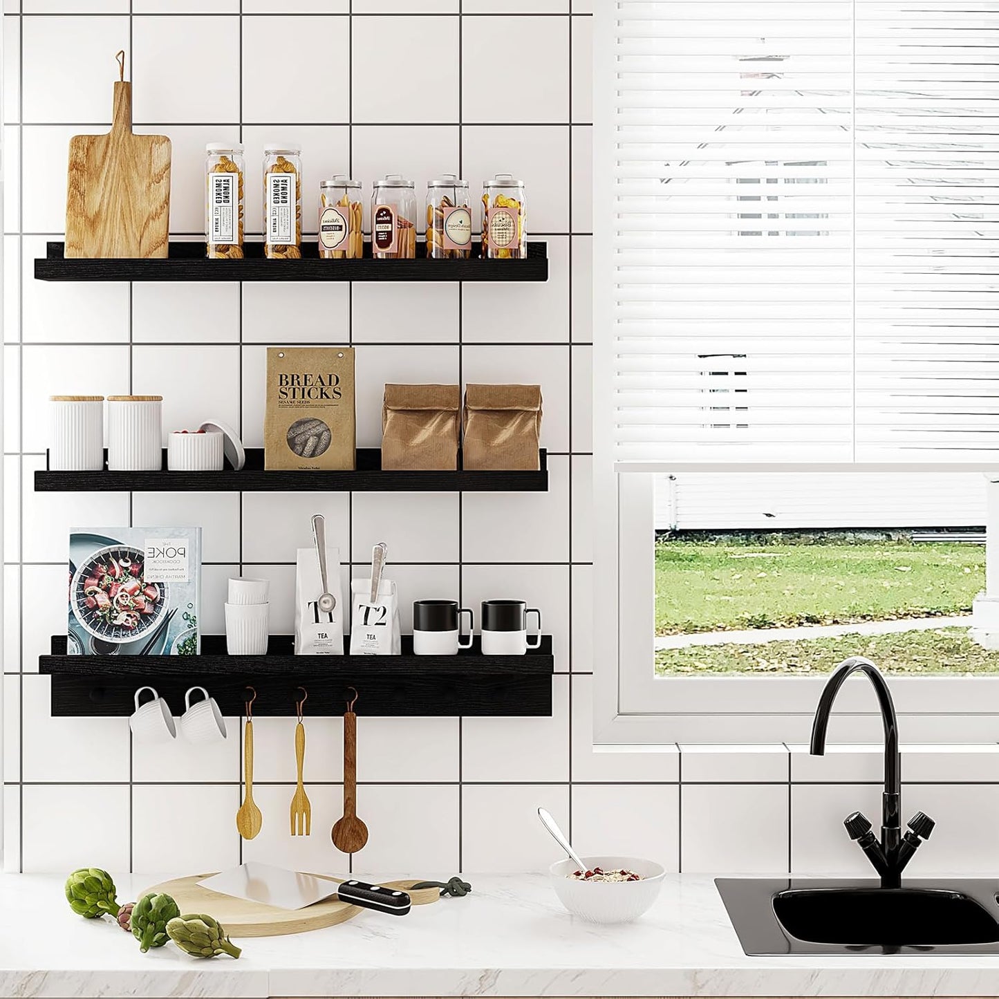 MBYD Floating Shelves for Wall, Nursery Floating Bookshelf for Kids Room, Black Wall Mount Book Shelves with Hooks for Living Room Bedroom Bathroom, 36 Inch Picture Ledge Kitchen Spice Rack Set of 3