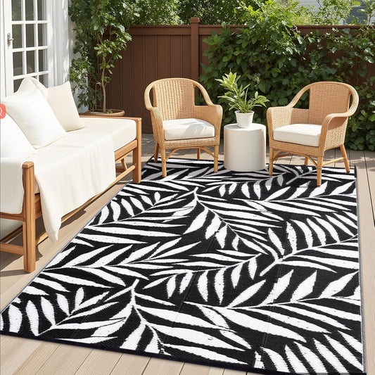 OLANLY Waterproof Outdoor Rug 9x12 ft, Reversible Outdoor Plastic Straw Rug with Leaf Pattern, RV Mat, Indoor Outdoor Carpet for Patio, Camping, Balcony, Deck, Backyard, Black & White