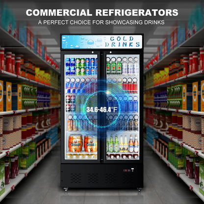 30 Cu.ft. Commercial Beverage Refrigerators Glass Door Refrigerator Upright Display Cooler with Soft LED Light and Adjustable Shelves for Restaurant Grocery Stores Home