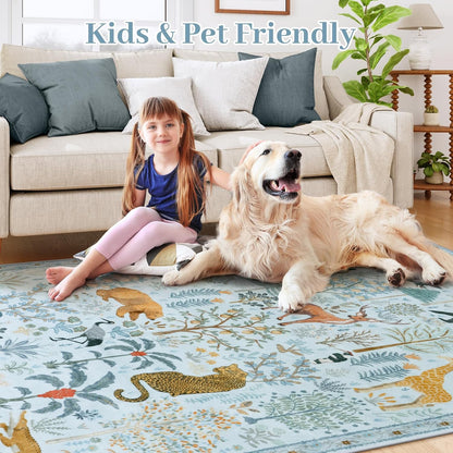 OJIA Animal Print Washable Area Rug 5x7, Soft Nursery Rugs for Living Room Ultra-Thin Non-Shedding Kids Bedroom Rug, Stain Resistant Throw Rug Large Carpet for Dining Room, Light Blue