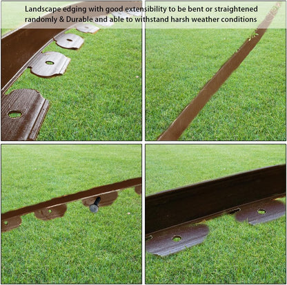 33FT Landscape Edging, 4 in Tall Garden Edging Borders,Flexible Lawn Edging with 30 Spikes,Plastic Edging Border for Garden, Flower Beds, Pavement-Brown