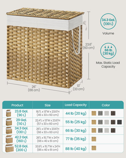 SONGMICS Laundry Hamper with Lid, 130L Double Wicker Basket, 6 Mesh Bags
