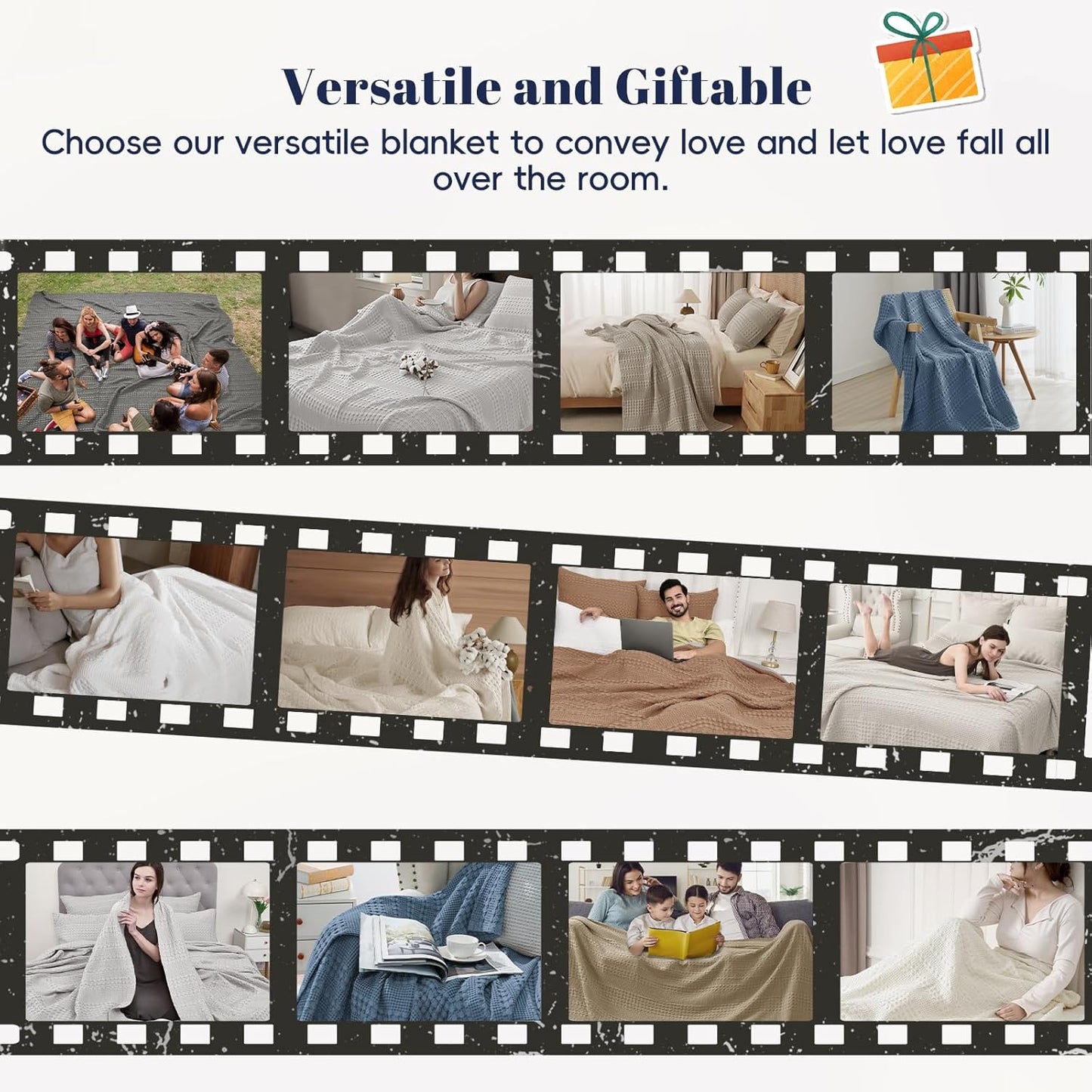 PHF 100% Cotton Waffle Weave Blanket Queen Size, Soft Lightweight Breathable Cozy Summer Blankets for Bed, Luxury Aesthetic Woven Bedding for Home Decor, 90"x90", Black