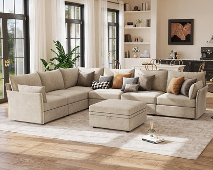 136.4" Oversized Modular Sectional Sofa, L Shaped Convertible Couch with Movable Ottoman, Large 7 Seat Corner Couches for Living Room Deep Seat Beige Chenille
