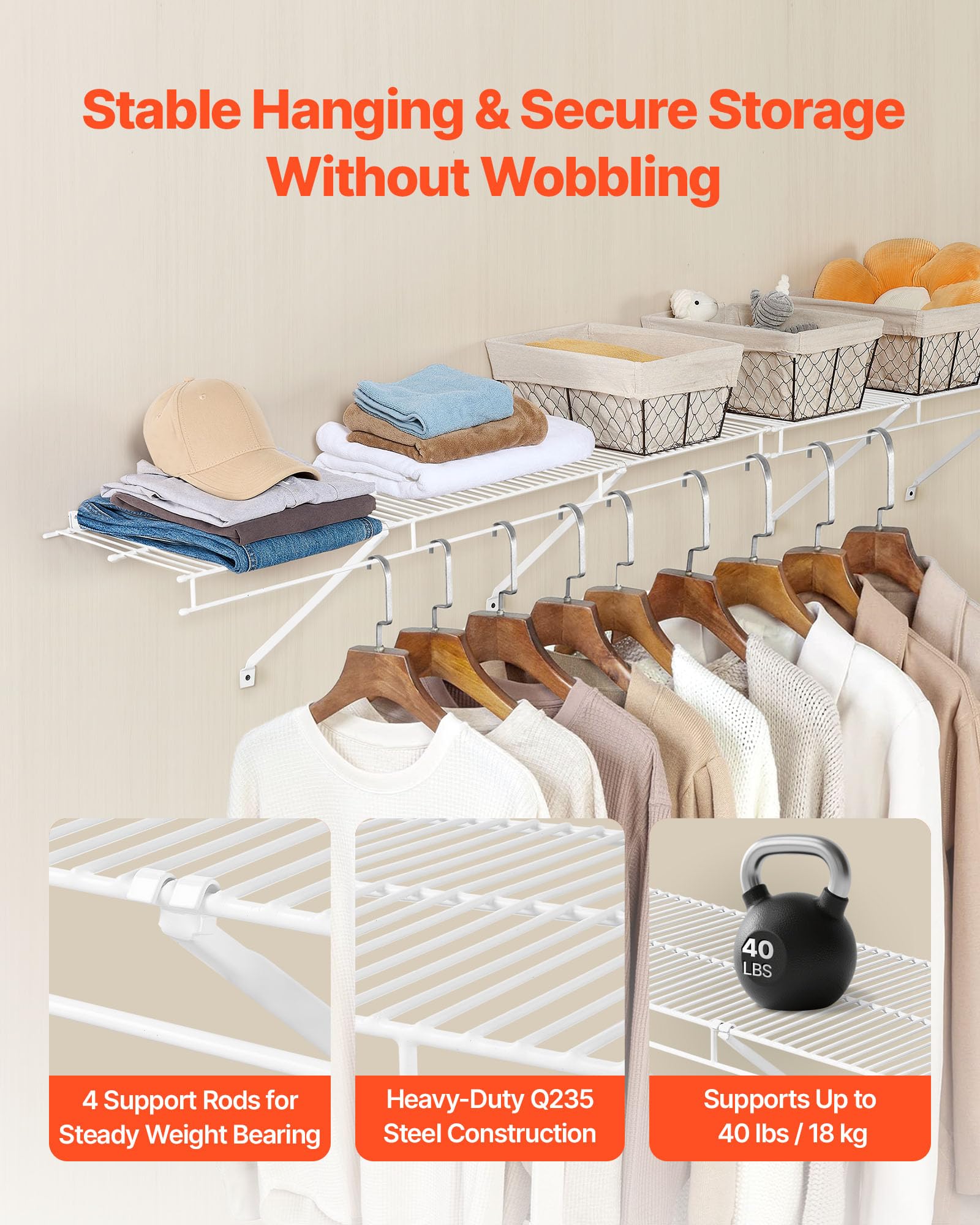 VEVOR Wire Shelf Kit, 4 ft, Set of 2, Wall Mounted Wire Shelves, Heavy-Duty Carbon Steel Hanging