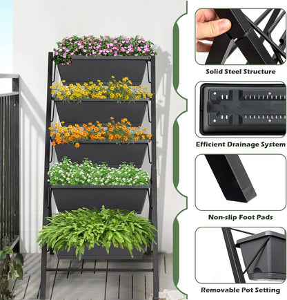 S AFSTAR 5-Tier Vertical Garden Planter, 5-Layer Raised Garden Bed with 5 Detachable Planter Boxes & Metal Frame, Indoor Outdoor Elevated Planting Containers for Flower Vegetables Fruit Herbs