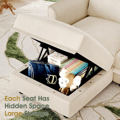 LLappuil Modular Sectional Sofa with Storage Seats, Corduroy U Shaped Convertible Couch for Living Room, 6 Seats Comfy Sofa with 5 Back Cushion 5 Throw Pillow, Beige