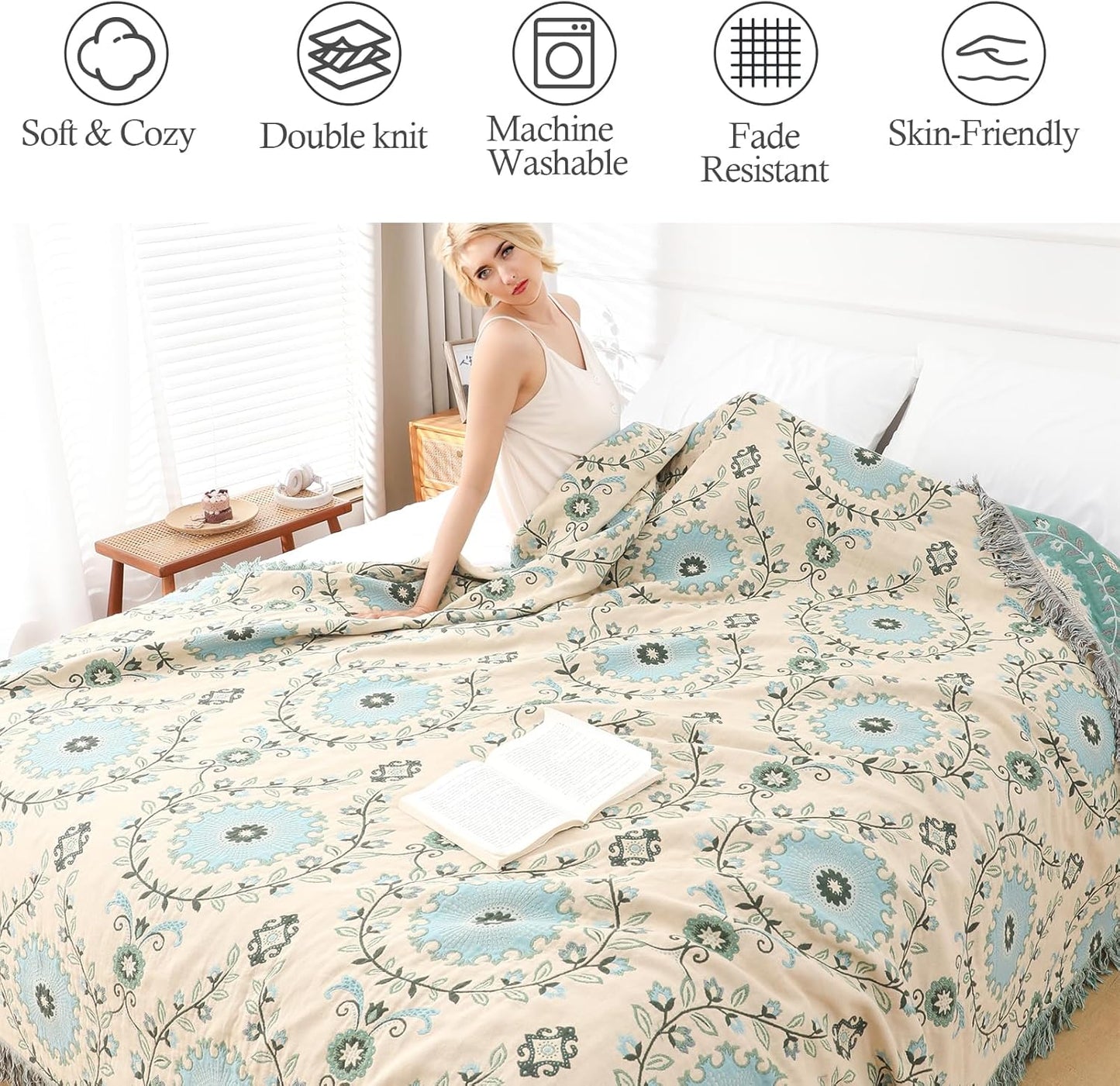 Snycler Boho Throw Blanket for Bed - 100% Cotton Ultra Soft Rustic Quilt - Blue Boho Floral Printed Farmhouse Decor Bed Blankets, 80"×90" All Season Rustic Throw for Sofa Couch Chair