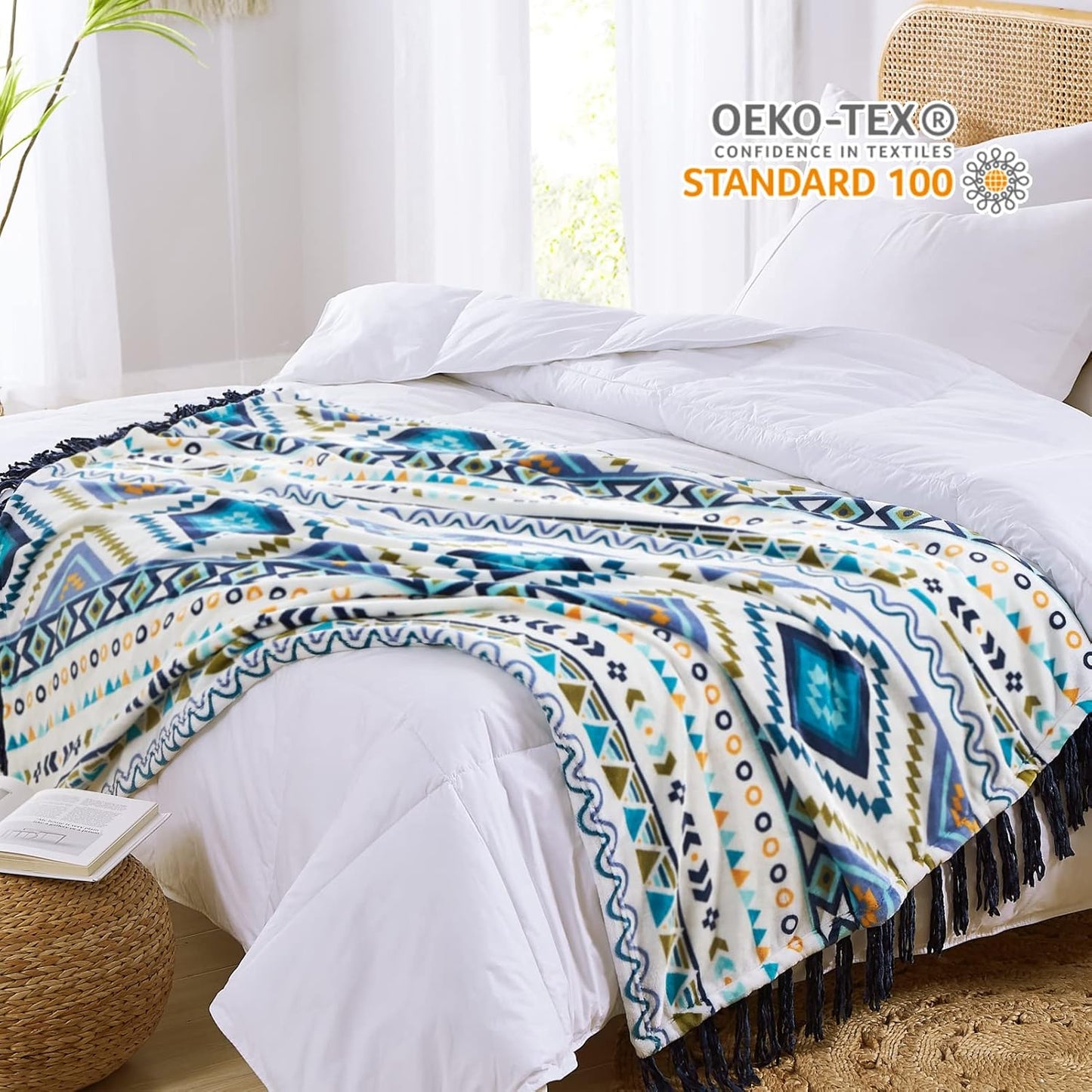 CASAAGUSTO Boho Throw Blanket - Blue and White Decorative Blankets with Tassel, Printed Flannel Bohemian Blanket for Chair, Bed, Sofa, Couch(50 * 60, Blue and White)