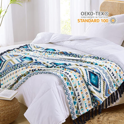 CASAAGUSTO Boho Throw Blanket - Blue and White Decorative Blankets with Tassel, Printed Flannel Bohemian Blanket for Chair, Bed, Sofa, Couch(50 * 60, Blue and White)