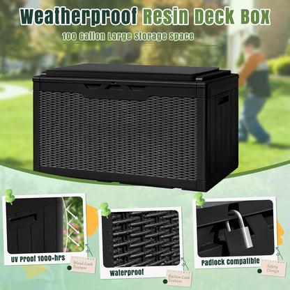 Greesum 100 Gallon Resin Deck Box Large Outdoor Storage with Cushions for Patio Furniture, Garden Tools, Pool Supplies, Weatherproof and UV Resistant, Lockable, Black