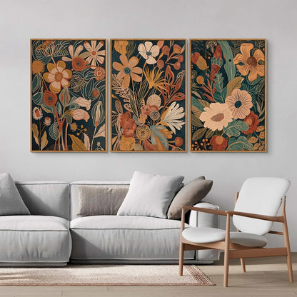 Tinonedraw Vintage Burnt Orange Floral Framed Canvas Wall Art Set of 3, Boho Chic Flower Artwork, Mid Century Modern Plant Wall Decor, Colorful Neutral Botanical Art Prints for Bedroom Living Room Office 16"x24"