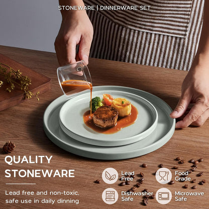 Onader Stoneware Dinnerware Sets, 8 Piece Plates and Bowls Dishes Sets for 2, Speckled Kitchen Dishware Dining Ware with Double Bowl – Pale Sage Green