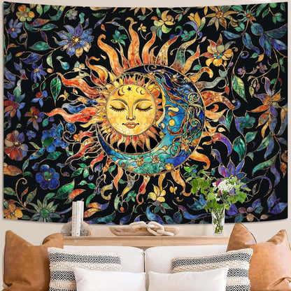 Aipon Sun and Moon Tapestry for Bedroom Boho Hippie Floral Wall Tapestry Aesthetic Vintage Stained Glass Plant Extra Large Tapestries Wall Hanging for Living Room Dorm 90 x 68 Inch