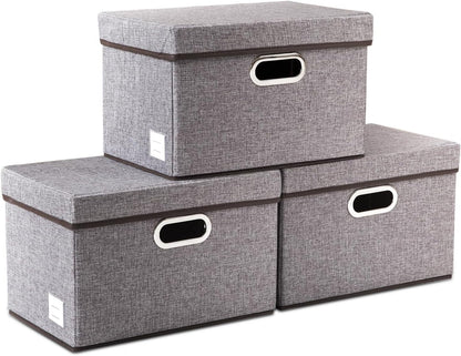 PRANDOM Foldable Storage Boxes with Lids [3-Pack] Linen Fabric Collapsible Storage Bins Organizer Containers Baskets Cube with Cover for Home Bedroom Closet Office Nursery (14.9x9.8x9.8)