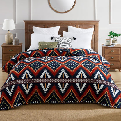 CASAAGUSTO Boho Sherpa Throw Blanket, Aztec King Size Blanket, Ultra Soft, Warm, Cozy, Plush, Thick Fleece Bohemian Throw Blanket for Couch, Bed, Sofa (Navy 108 * 90 Inch)