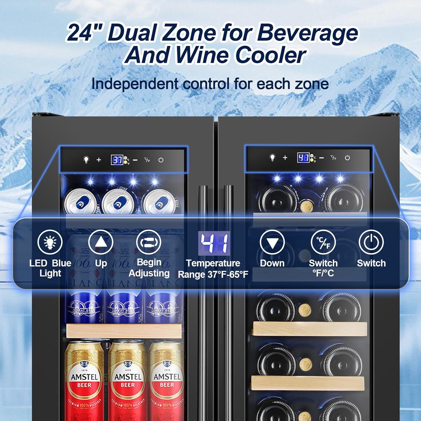 Wine and Beverage Refrigerator with Glass Door, 24-Inch Dual Zone Wine Fridge Under-Counter,4.6 Cu.Ft. 65 Cans and 20 Bottles Wine Cooler,Built-in or Freestanding Wine and Drink Fridge with Blue Light