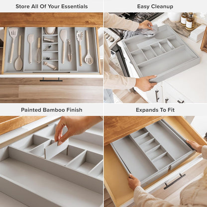 Adjustable Kitchen Drawer Organizer for Utensils and Junk, Food-Safe Contract Grade with 100% Sustainable Wood, Expandable from 19 to 33 Inches Wide - Gray Bamboo