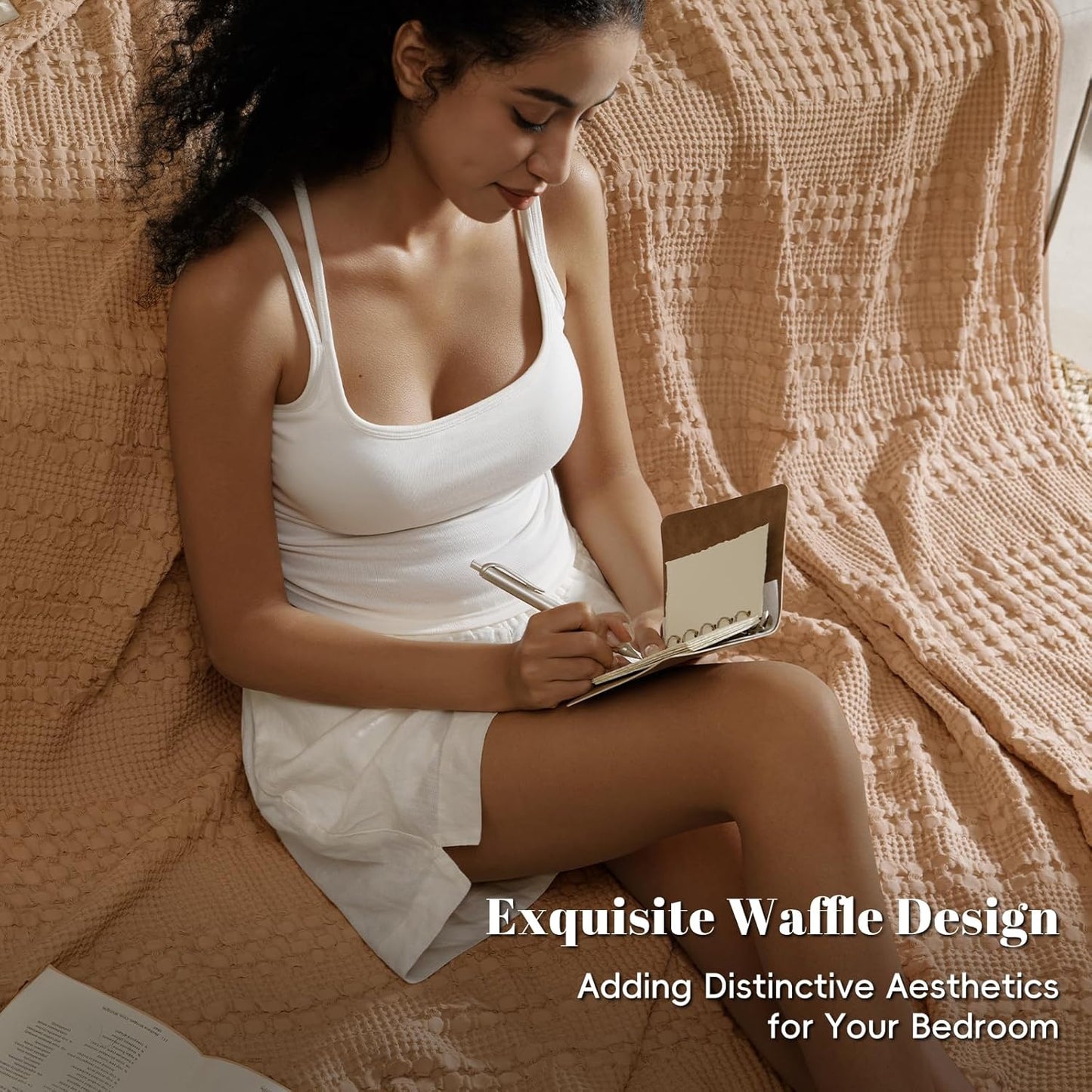 PHF 100% Cotton Waffle Weave Blanket Twin Size, Soft Lightweight Breathable Cozy Summer Blankets for Bed, Luxury Aesthetic Woven Bedding for Home Decor, 66"x90", Camel