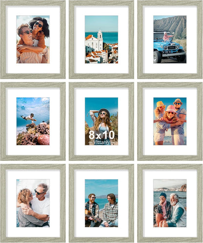 Vittanly 8x10 Picture Frames Set of 9, Shatter Resistant Plexiglass, Display 5x7 Pictures with Mat or 8x10 without Mat, Photo Frames for Wall or Tabletop, Engineered Wood, Driftwood