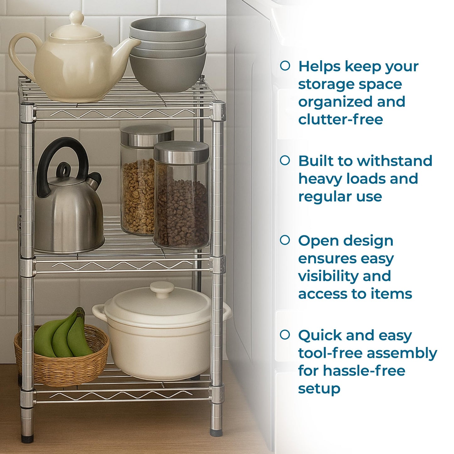 Honey-Can-Do 3-Tier Stackable Chrome Wire Shelf, 200 lb/Shelf, 15x14x30 in