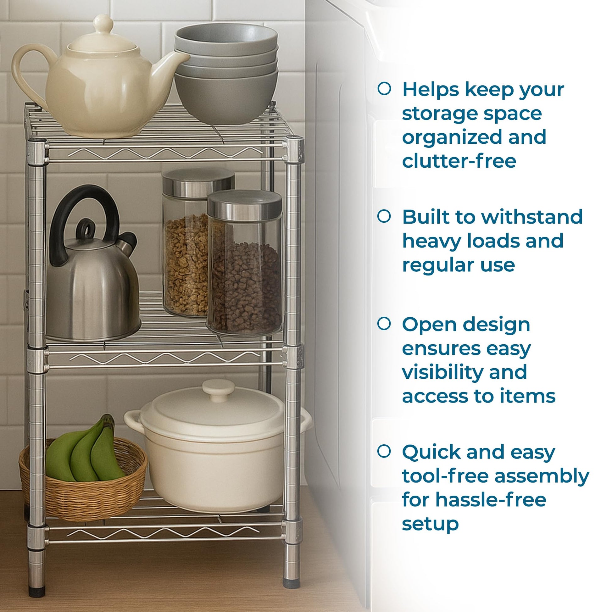 Honey-Can-Do 3-Tier Stackable Chrome Wire Shelf, 200 lb/Shelf, 15x14x30 in