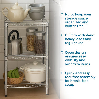 Honey-Can-Do 3-Tier Stackable Chrome Wire Shelf, 200 lb/Shelf, 15x14x30 in
