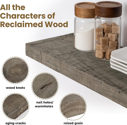 Floating Shelves, 8 Inch Deep Rustic Solid Reclaimed Wood Wall Shelves for Storage, Wall Mounted Display Shelving with Invisible Heavy-Duty Metal Bracket, 24 Inch Width Set of 2, Cement Grey