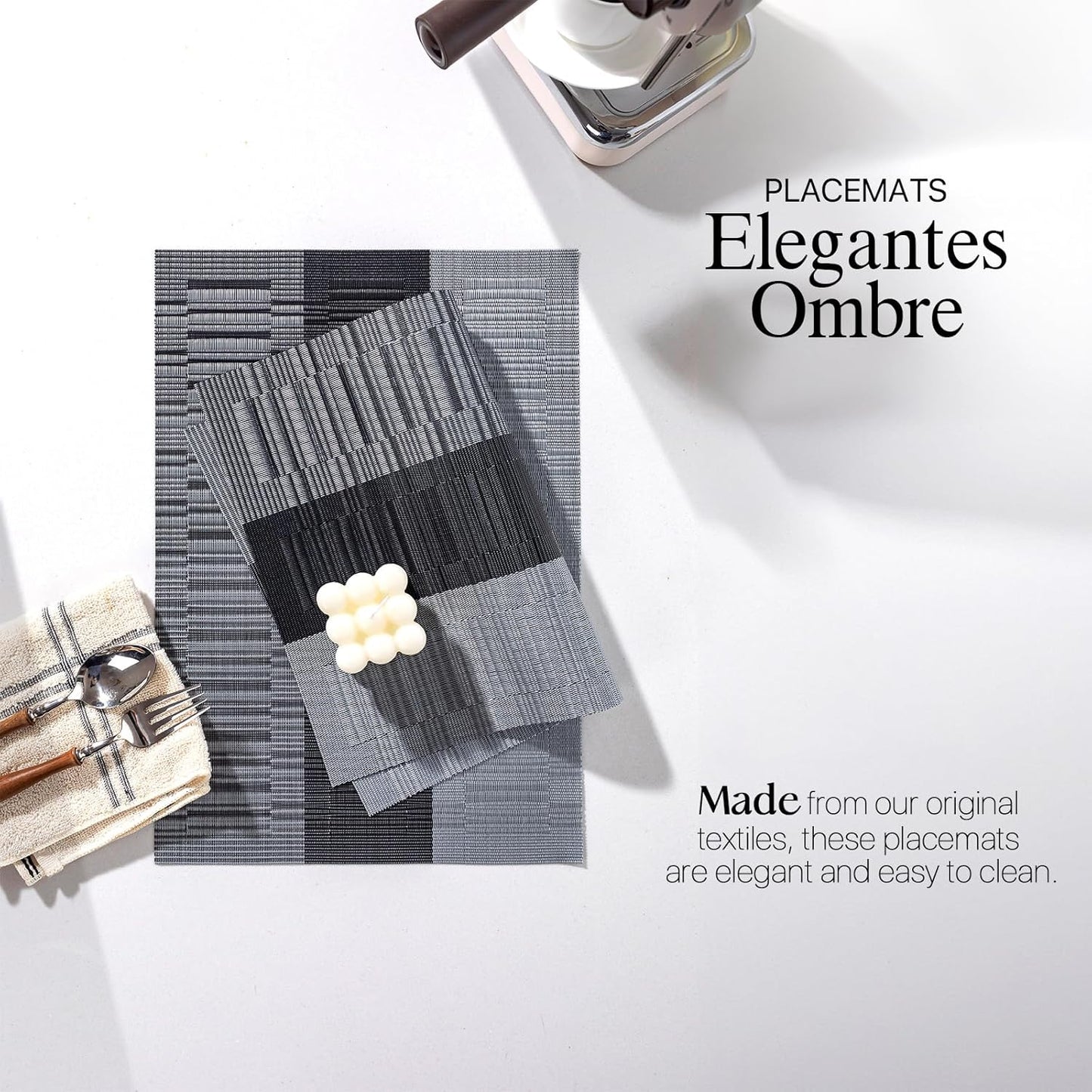 LEXMORE Placemats Set of 6 Vinyl/Plastic Woven Place Mats for Kitchen Table Indoor/Outdoor Washable Placemat Wipeable Dining Table Mats(E-Silver Gray Black)