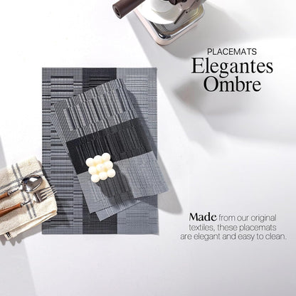 LEXMORE Placemats Set of 6 Vinyl/Plastic Woven Place Mats for Kitchen Table Indoor/Outdoor Washable Placemat Wipeable Dining Table Mats(E-Silver Gray Black)